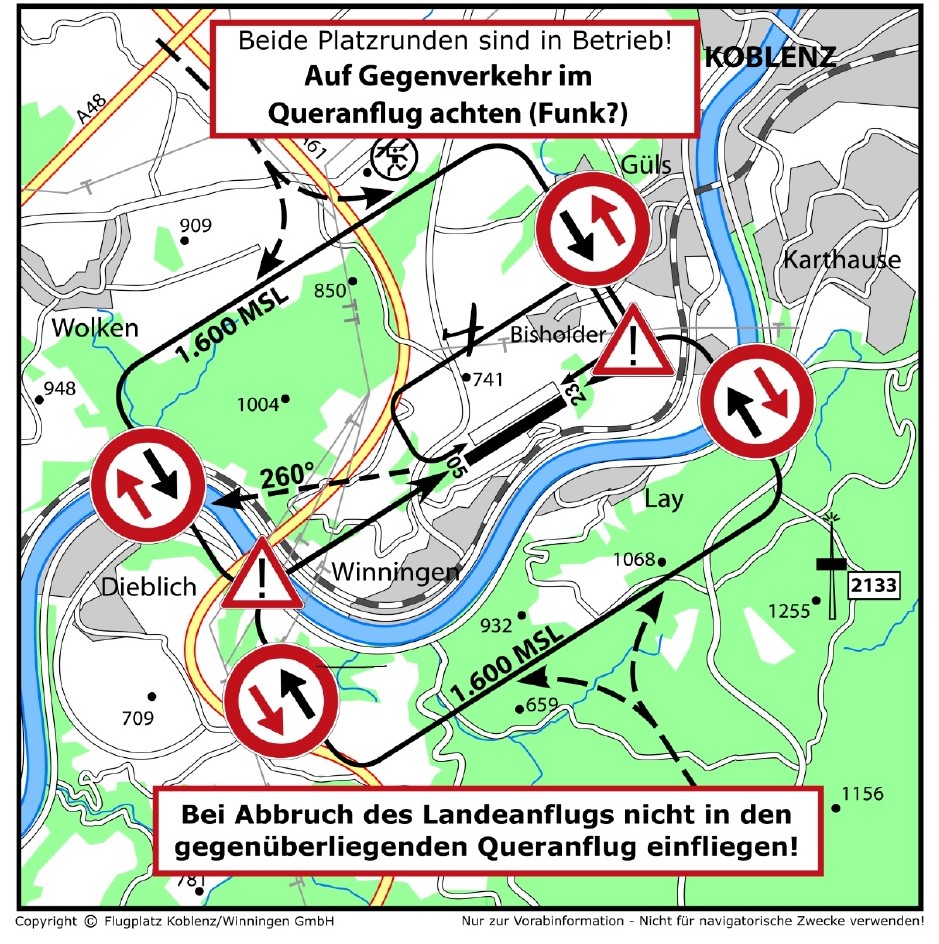Achtung Gegenverkehr! Anflugkarte Koblenz-Winningen mit Hinweisen zu potentiellem Gegenverkehr