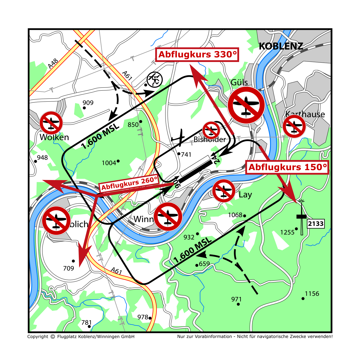 Anflugkarte Koblenz-Winningen mit Hinweisen zum Lärmschutz